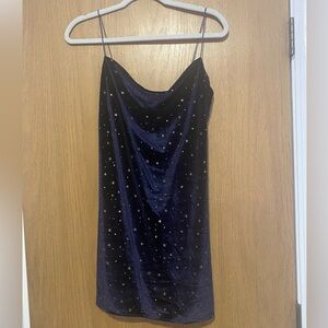 Navy velvet party dress, short with small slit on each side. Stars. Cute!
